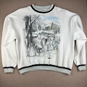 Vintage Classic‎ Sweatshirt Men XL White Wolves Cabin Winter Scene USA